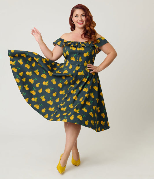 Magnolia Place Plus Size Black & Yellow Pear Print Barbara Swing Dress