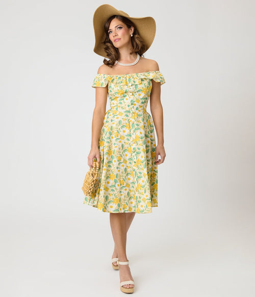 Magnolia Place Yellow Floral Cotton Barbara Swing Dress