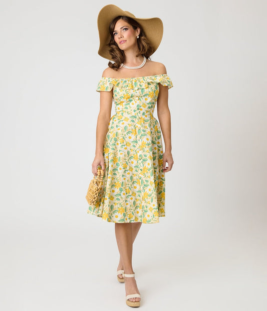 Magnolia Place Yellow Floral Cotton Barbara Swing Dress