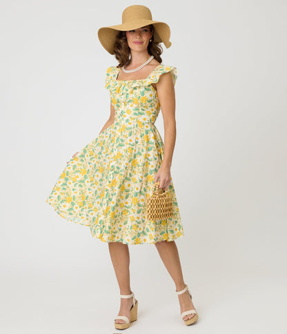 Magnolia Place Yellow Floral Cotton Barbara Swing Dress
