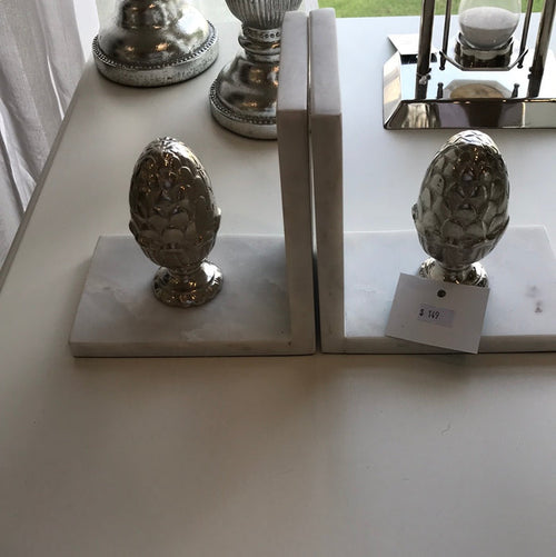 MARBLE BOOKENDS SET SILVER ACORN