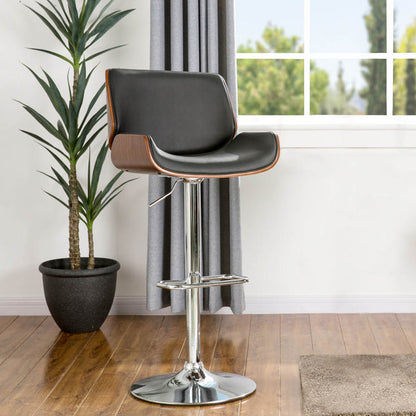 Mid-century Modern Black PU and Walnut Bentwood Adjustable Height Swivel Bar Stool