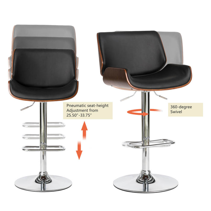Mid-century Modern Black PU and Walnut Bentwood Adjustable Height Swivel Bar Stool