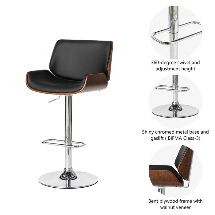 Mid-century Modern Black PU and Walnut Bentwood Adjustable Height Swivel Bar Stool