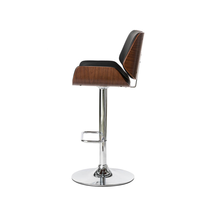 Mid-century Modern Black PU and Walnut Bentwood Adjustable Height Swivel Bar Stool