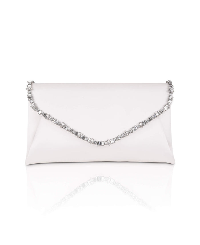White | Mika Mixed Crystal Satin Envelope Clutch Front