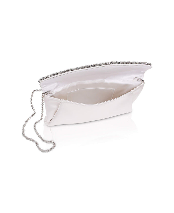 White | Mika Mixed Crystal Satin Envelope Clutch Open