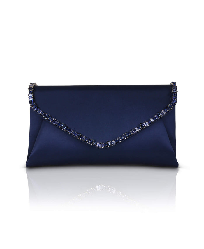 Navy | Mika Mixed Crystal Satin Envelope Clutch Front