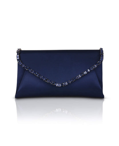 Navy | Mika Mixed Crystal Satin Envelope Clutch Front