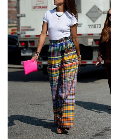 Multicolor Plaid Wide Leg Pants