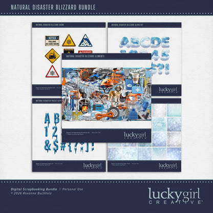 These realistic blizzard embellishments, icy papers, metal signs, and alpha sets by Lucky Girl Creative digital art will add a bit of authenticity to your winter digital scrapbooking pages. Perfect for blizzard, winter, snow, skiing, snowboarding, ice skating, and ice fishing as well as outdoor and nature pages! Embellishments include dog, St. Bernard, battery, cable, wench, car, auto, carabiner, cell tower, chimney, ice, coffee, evergreen bough, pine, fireplace, stove, first aid kit, flashlight, globe