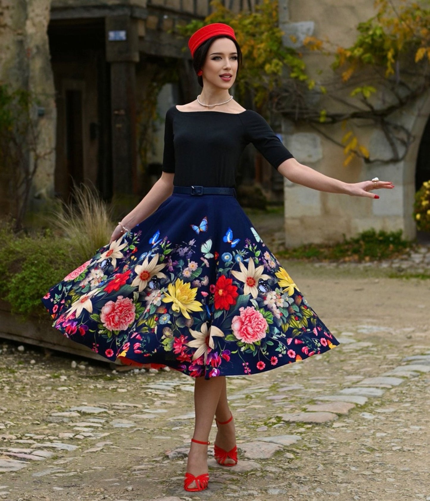 Navy Butterfly Meadow Swing Skirt