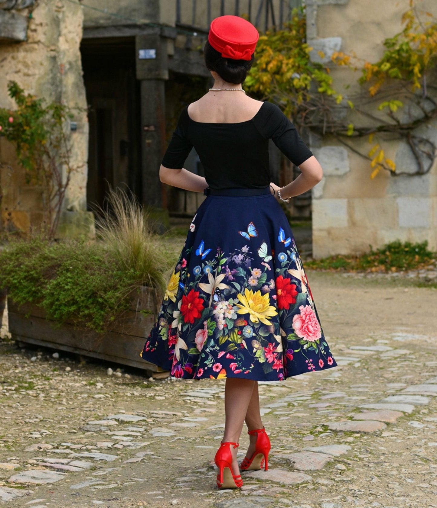 Navy Butterfly Meadow Swing Skirt