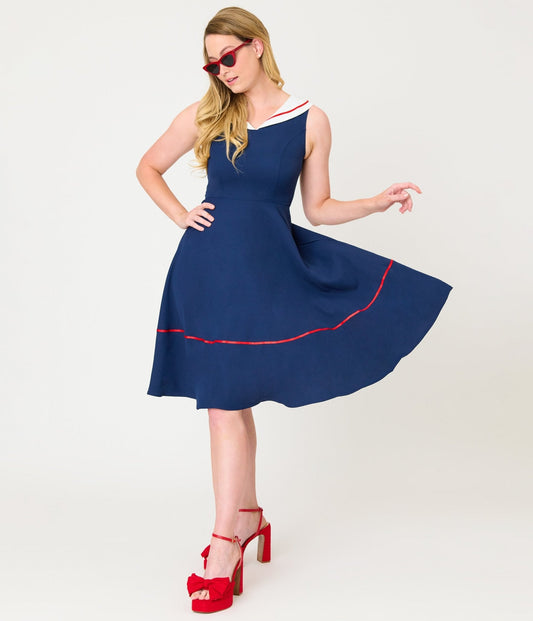 Navy & White Collared Flare Dress