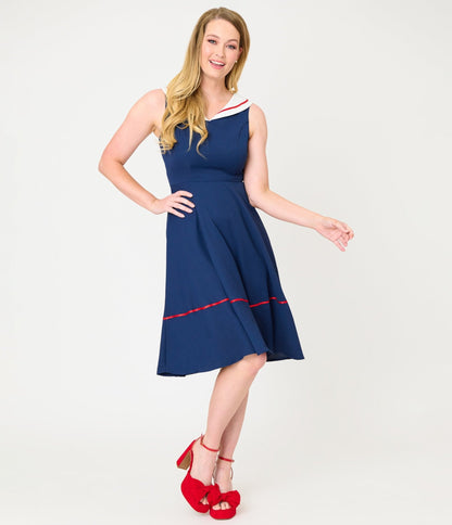 Navy & White Collared Flare Dress