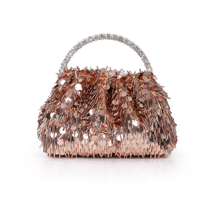 Rose Gold | Sequin And Bugle Bead Pouch Clutch Front