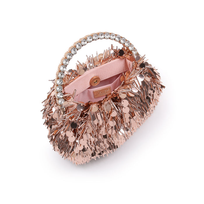 Rose Gold | Sequin And Bugle Bead Pouch Clutch Open