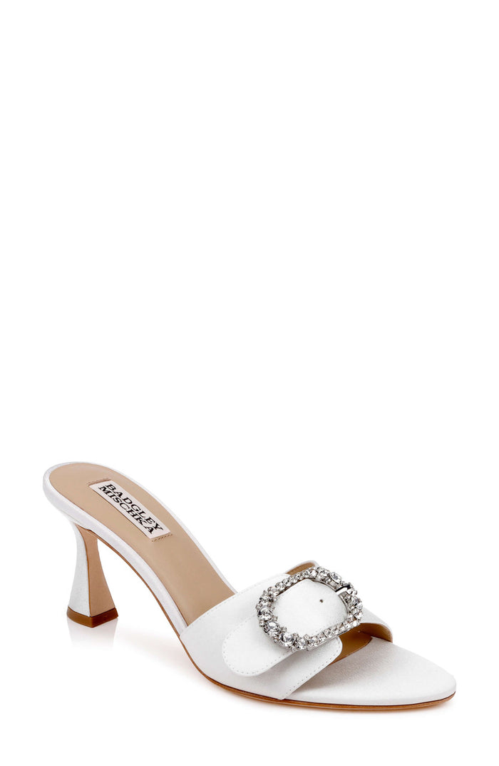 White Crepe | Odetta Block Heel Slide Sandal Front Side