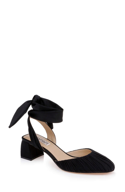 Black Fabric | Ofelia Ruched Ankle-Wrap Block Heel Front Side