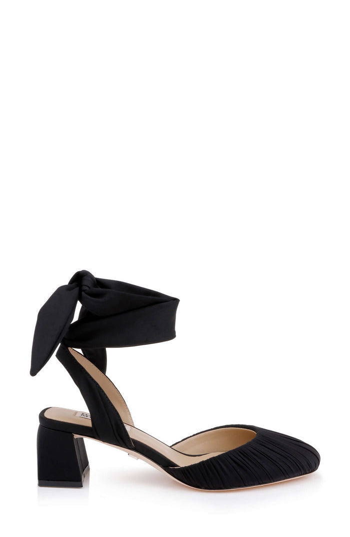 Black Fabric | Ofelia Ruched Ankle-Wrap Block Heel Side