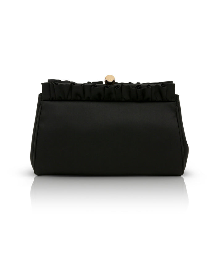 Black | Olivia Satin Ruffle Top Pouch Clutch