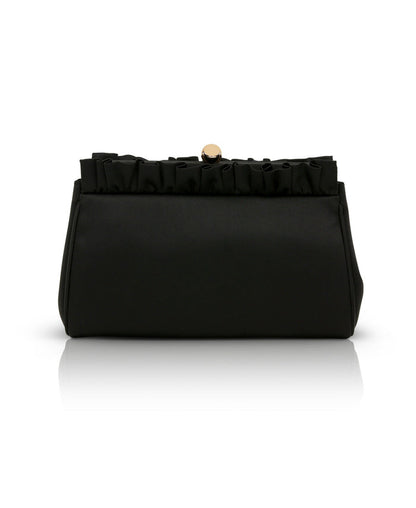 Black | Olivia Satin Ruffle Top Pouch Clutch