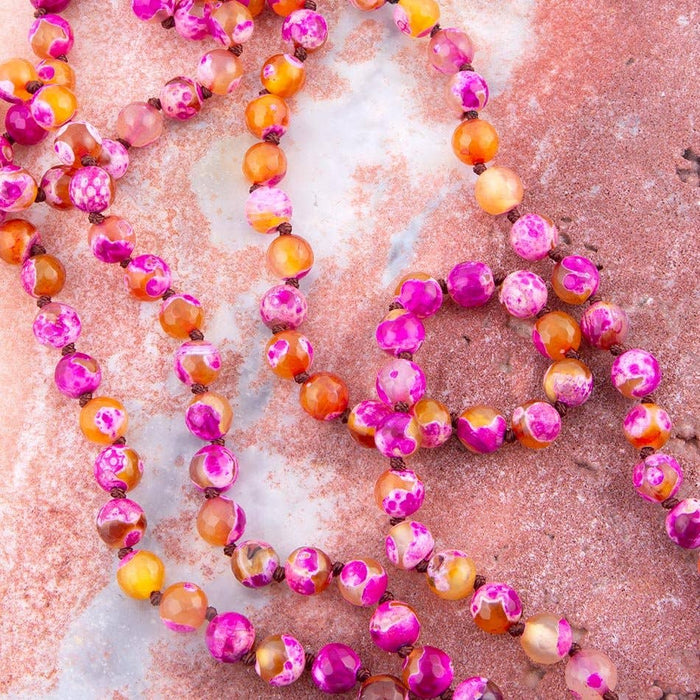 Pink Agate Knotted Long Necklace