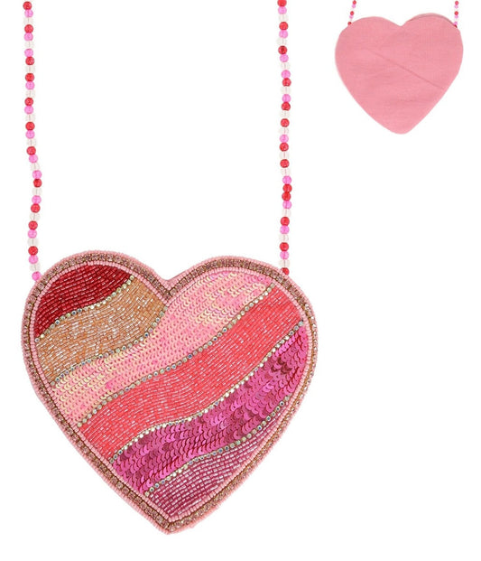 Pink Striped Heart Beaded Crossbody Bag