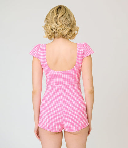 Pinky Pinups Pink Gingham Puff Sleeve Romper Swim Suit