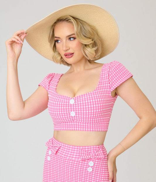 Pinky Pinups Pink Gingham Seersucker Swim Top