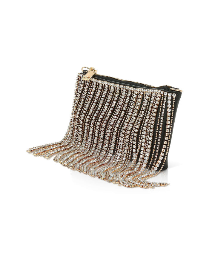 Black | Piper Top Zip Crystal Fringe Leather Crossbody Side