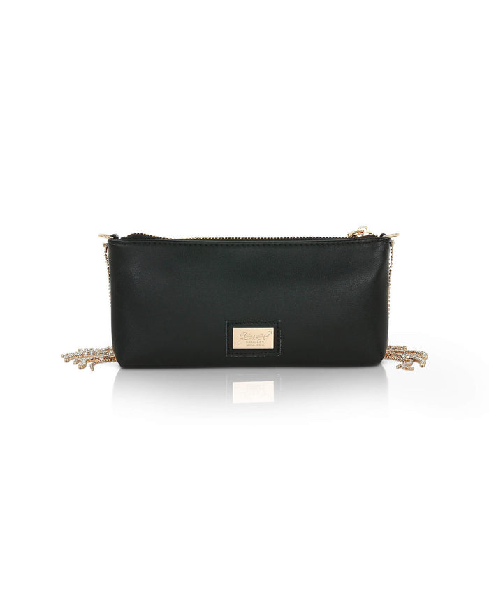 Black | Piper Top Zip Crystal Fringe Leather Crossbody Back