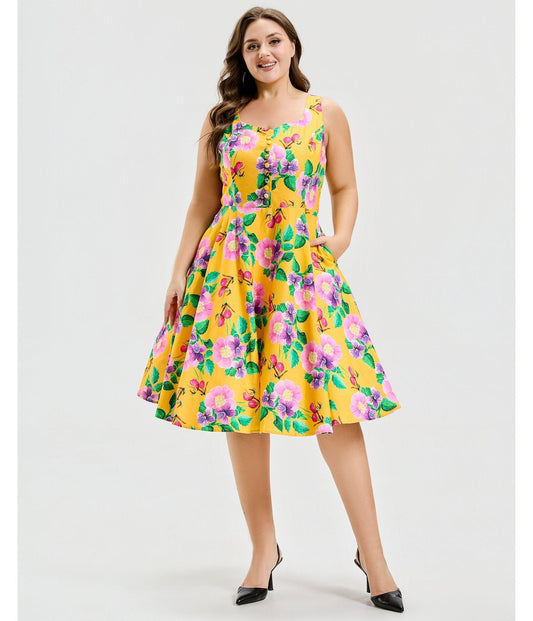 Plus Size Yellow Hibiscus Floral Print Heidi Dress