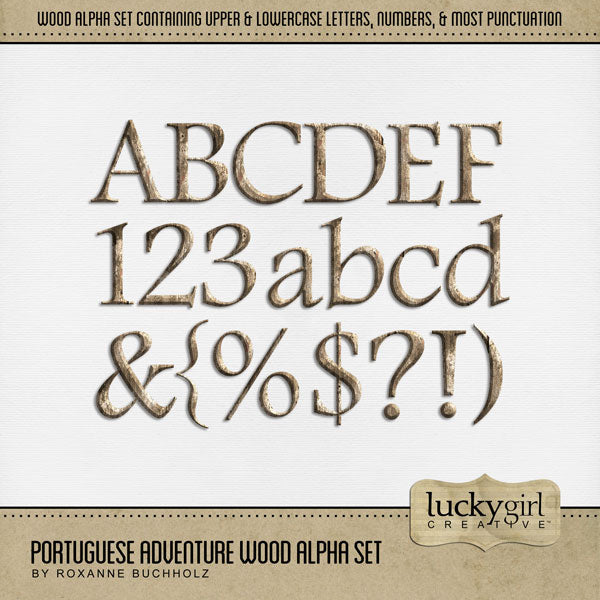 Adventure and explore through Portugal with these beautiful rustic wood alphabet letters, numbers, and punctuation by Lucky Girl Creative digital art for digital scrapbooking. Whether you have taken a holiday to Portugal, Spain, or walked the Camino de Santiago trail, this collection will authentically accent your photos of Western Europe. Great for exploring Lisbon, Porto, Vila Nova de Gaia, Braga, Amadora, and Coimbra.