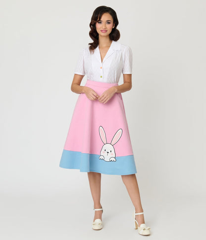 Unique Vintage Pink & Blue Bunny Soda Shop Swing Skirt