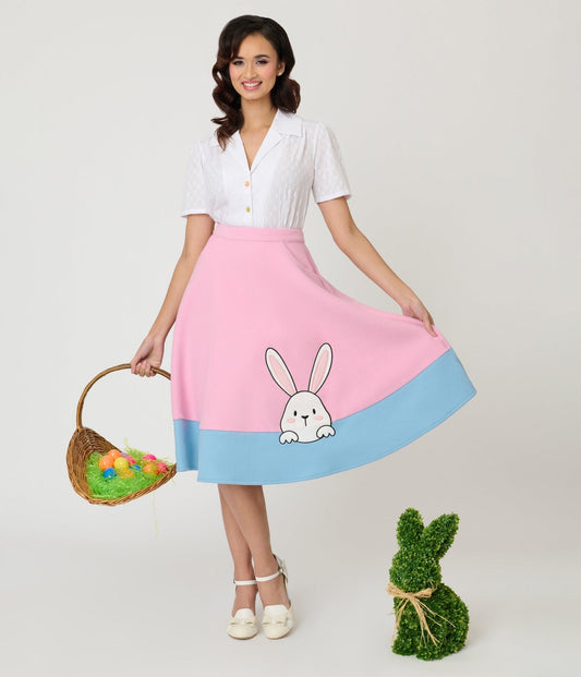 Unique Vintage Pink & Blue Bunny Soda Shop Swing Skirt