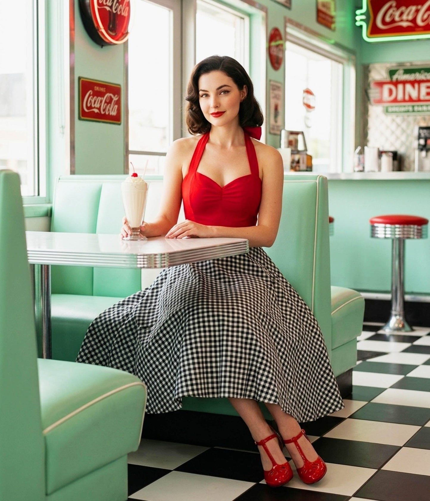 Red & Black Gingham Halter Swing Dress
