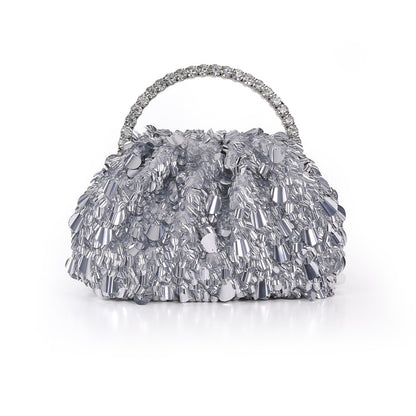 Silver | Crinkle Sequin Pouch Clutch Front