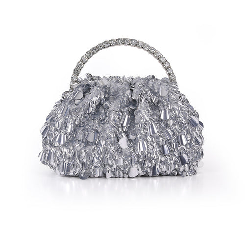 Silver | Crinkle Sequin Pouch Clutch Front