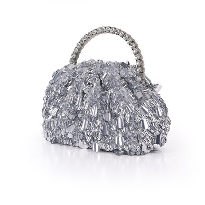 Silver | Crinkle Sequin Pouch Clutch Side