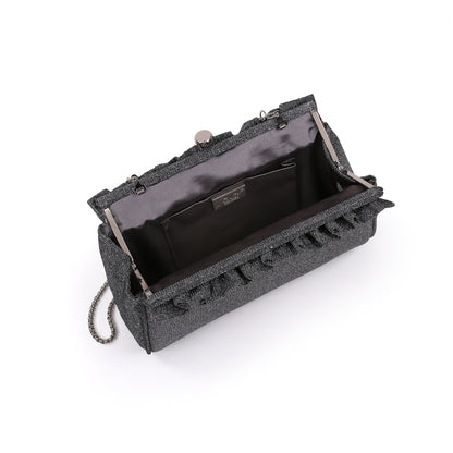 Pewter | Sparkle Jacquard Pouch Clutch With Ruffl Open