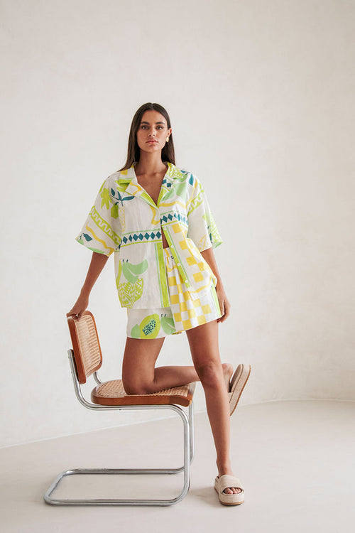 White Prego Verde Print Button Up Collar Seona Top
