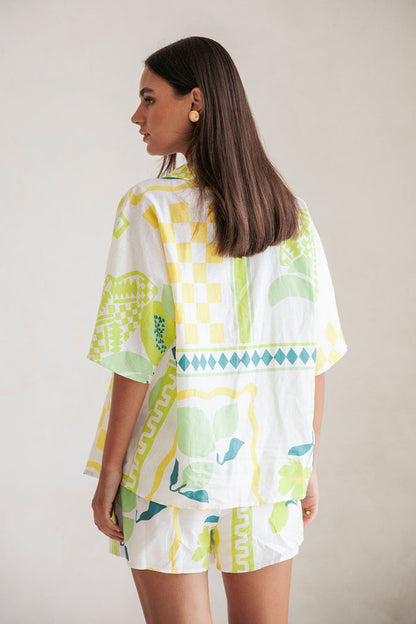 White Prego Verde Print Button Up Collar Seona Top