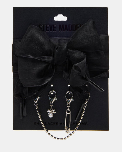 SHOE LACES AND CHARMS Black Bow Lace Pearl & Pin Charms Shoe Accessory | Steve Madden