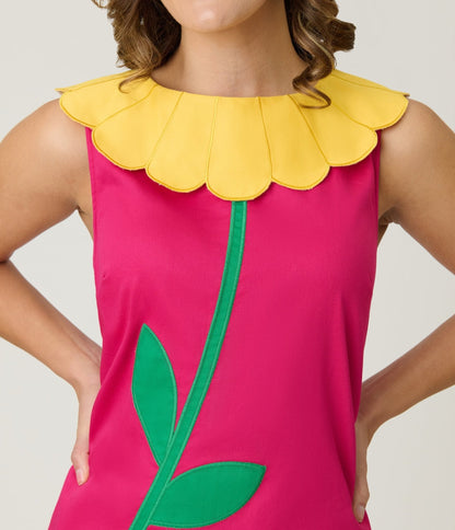 Smak Parlour Hot Pink & Yellow Petal Collar Cotton Shift Dress