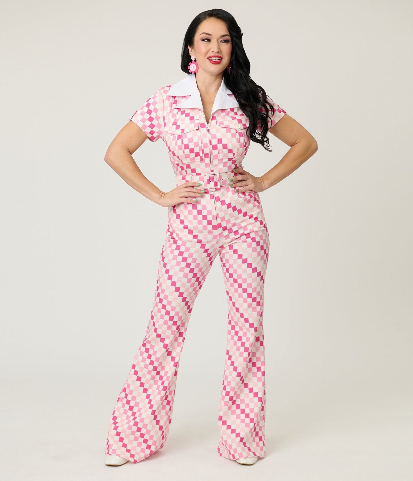 Smak Parlour Pink Checkerboard Flare Jumpsuit