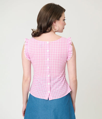 Smak Parlour Pink Gingham Ruffle Cotton Blouse
