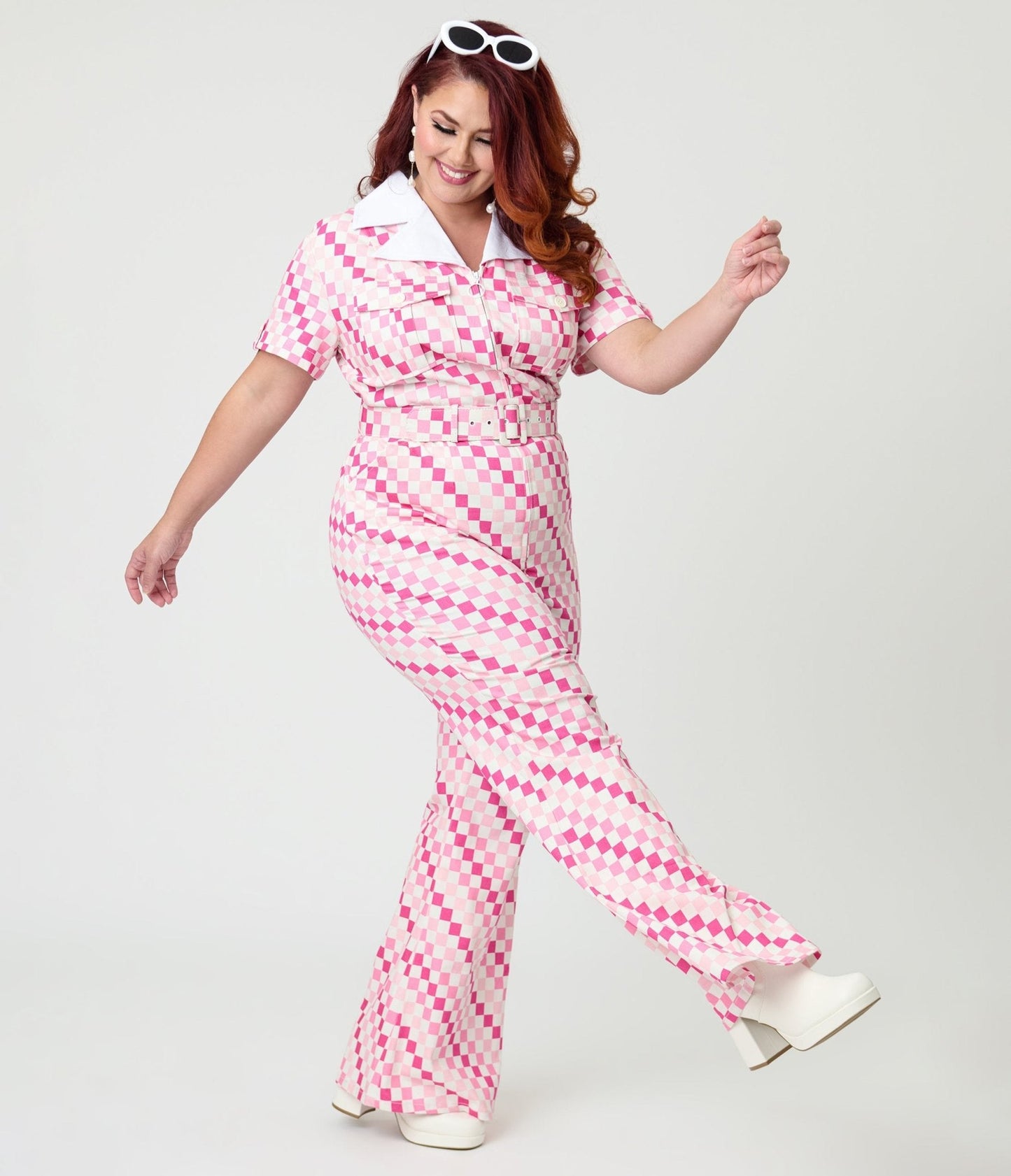 Smak Parlour Plus Size Pink Checkerboard Flare Jumpsuit