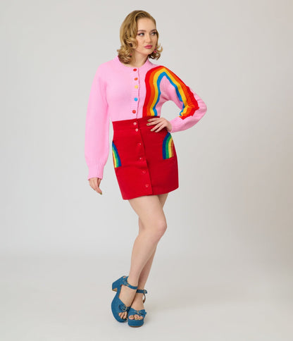 Smak Parlour Red Corduroy & Rainbow Pockets Mini Skirt