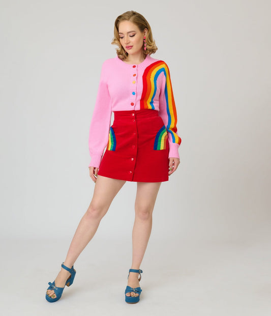 Smak Parlour Red Corduroy & Rainbow Pockets Mini Skirt